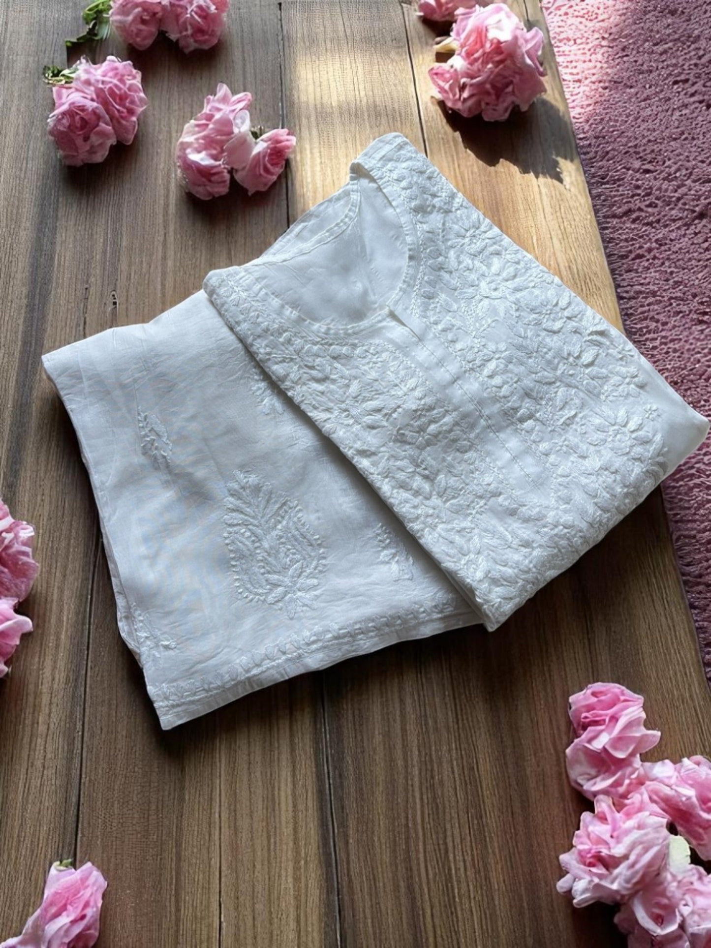WHITE COLOR CHANDERI COTTON SUIT WITH CHIKANKARI