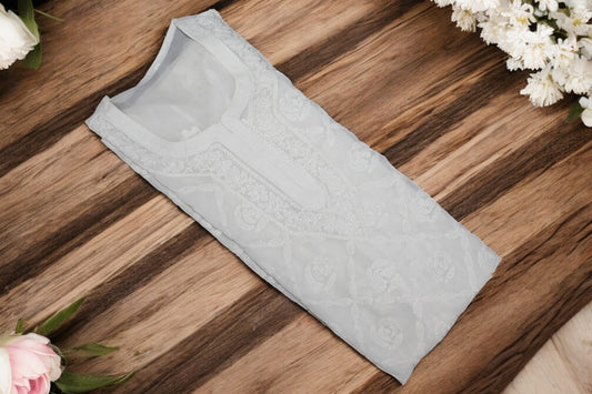 WHITE GEORGETTE CHIKANKARI STRAIGHT KURTI