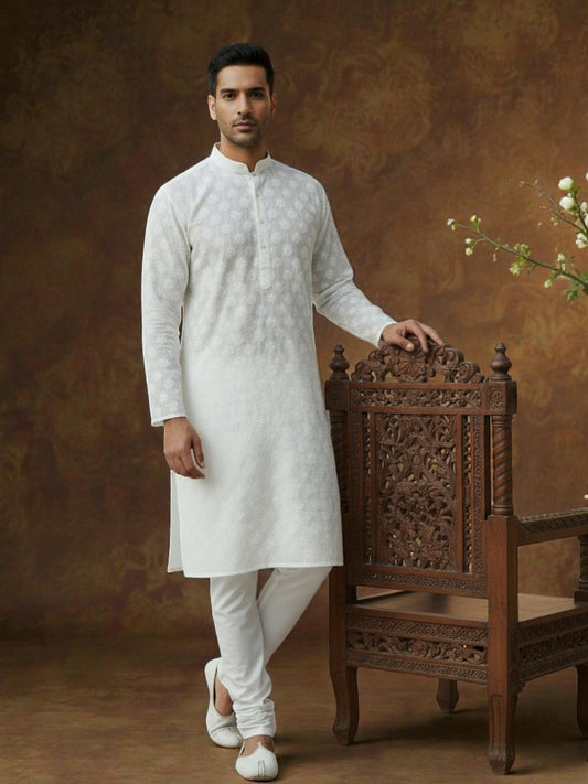 MEN’S PREMIUM WHITE CHIKANKARI KURTA