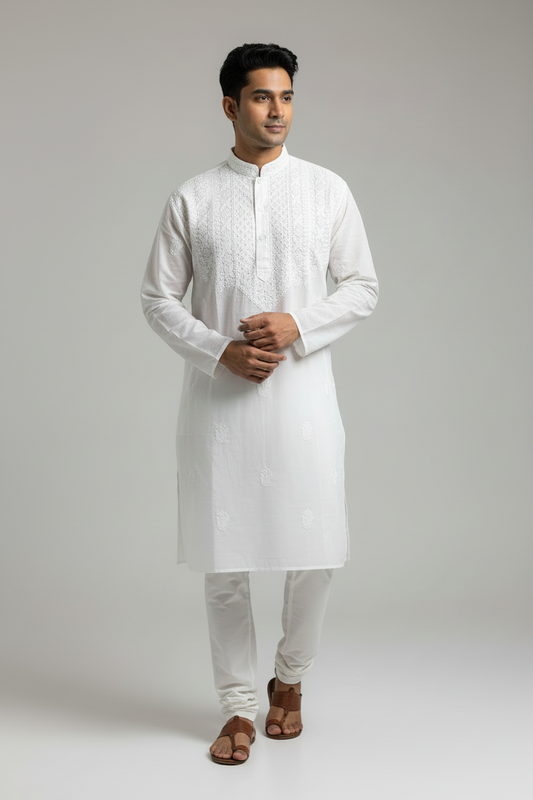 AUTHENTIC LUCKNOWI CHIKANKARI MEN’S KURTA IN WHITE COTTON
