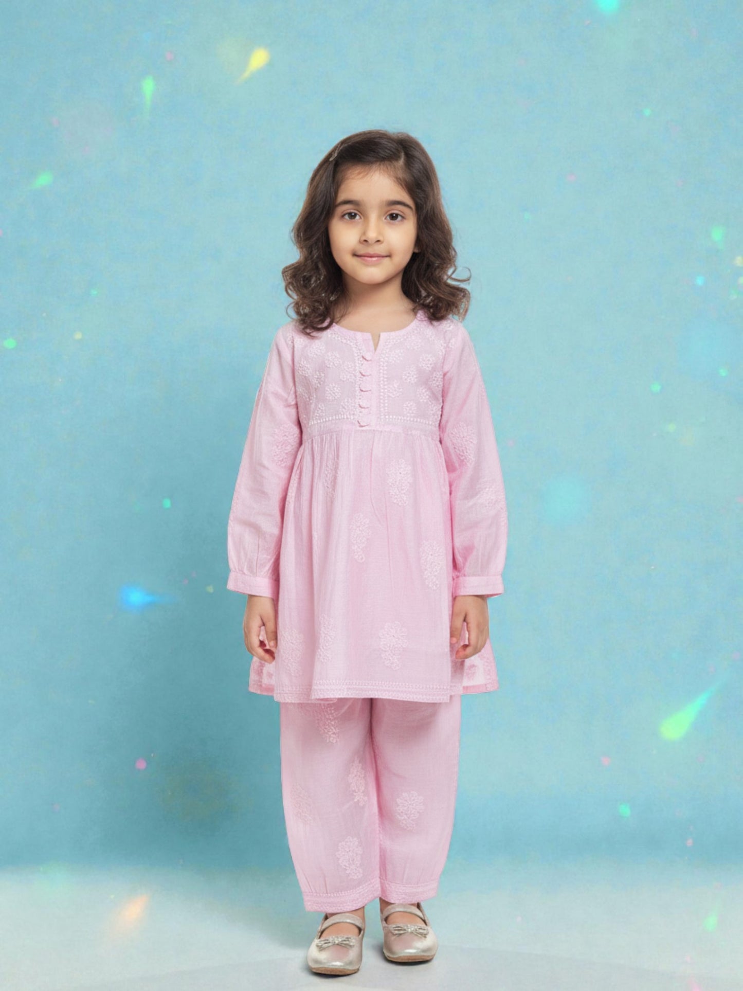 GIRLS CHANDERI SILK CHKANKARI KURTA SET