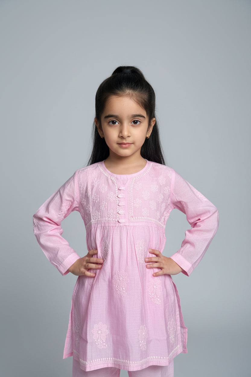 GIRLS CHANDERI SILK CHKANKARI KURTA SET