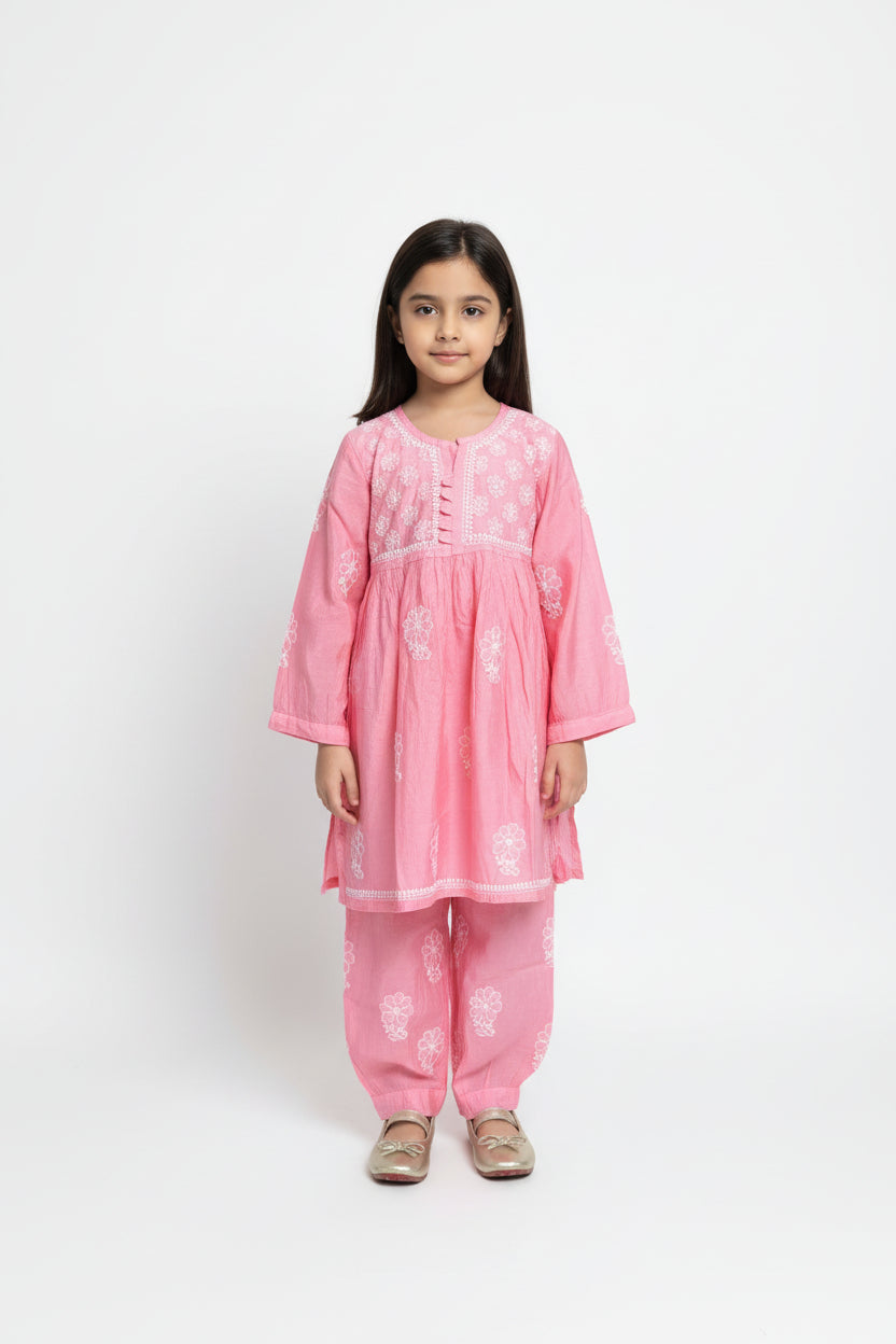 GIRLS CHANDERI SILK CHKANKARI KURTA SET