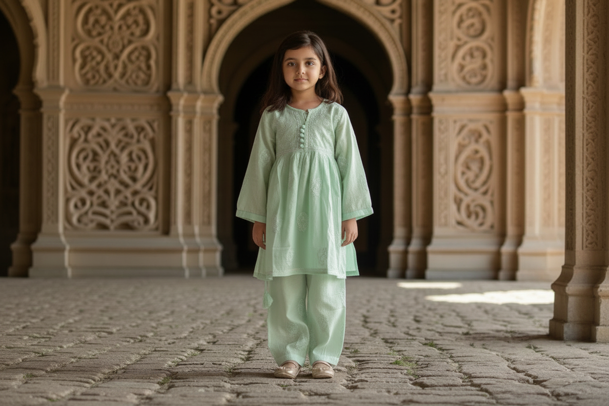 GIRLS CHANDERI SILK CHKANKARI KURTA SET