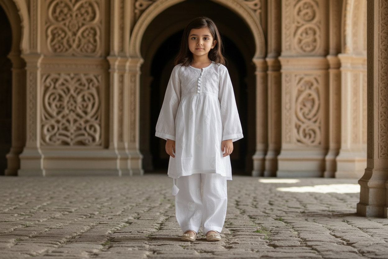 GIRLS CHANDERI SILK CHKANKARI KURTA SET