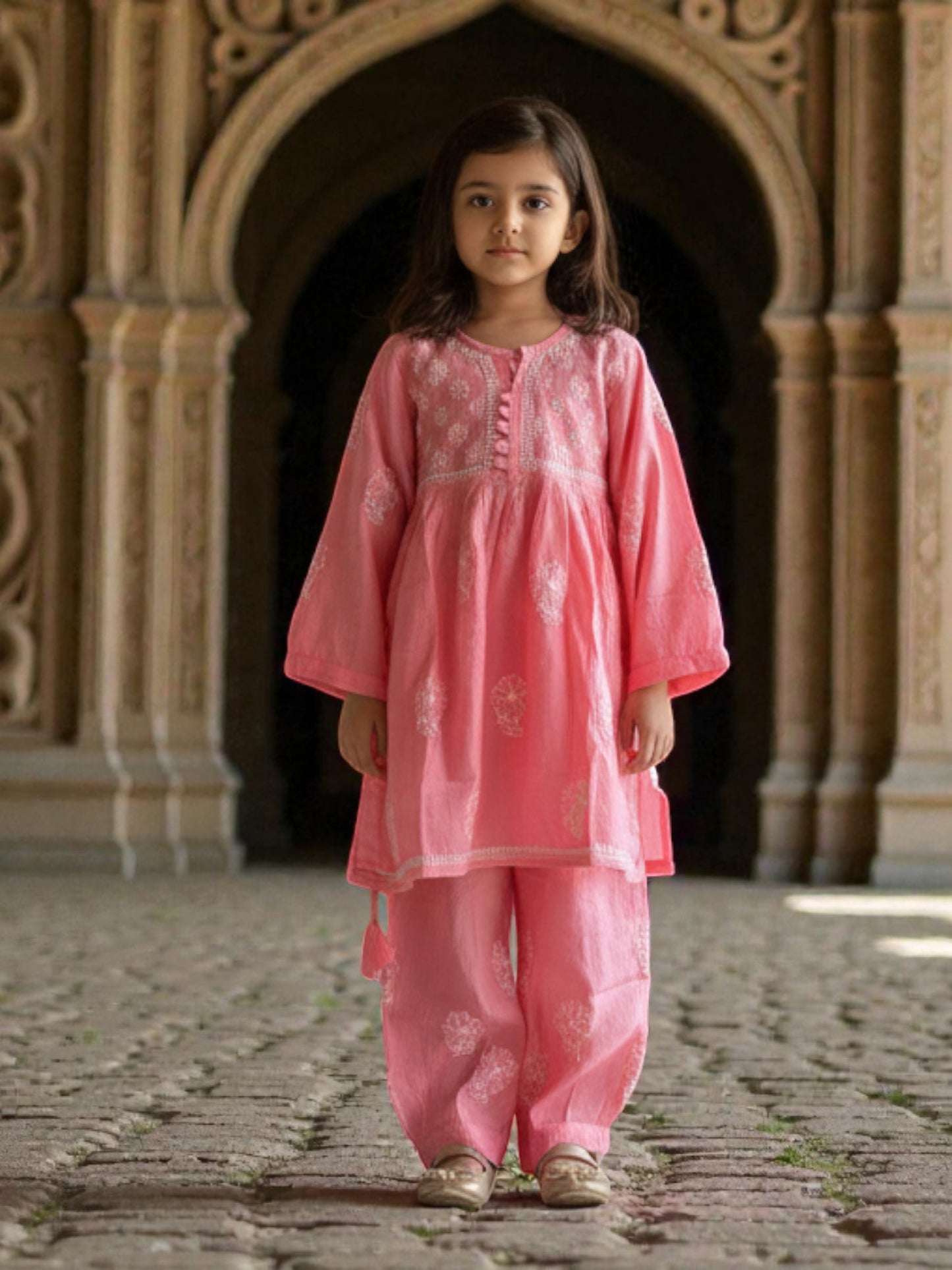 GIRLS CHANDERI SILK CHKANKARI KURTA SET