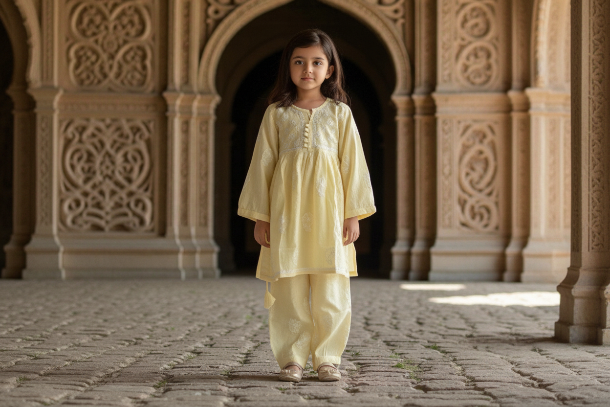 GIRLS CHANDERI SILK CHKANKARI KURTA SET