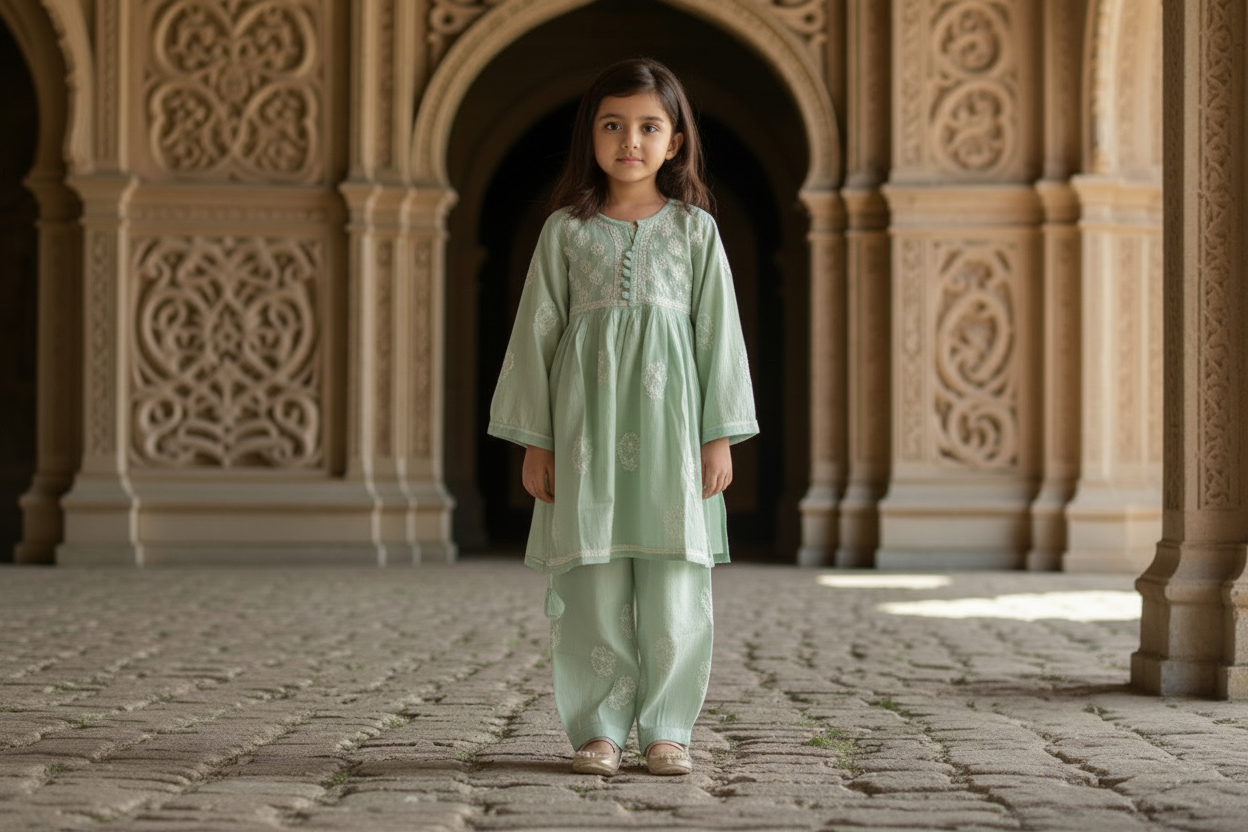 GIRLS CHANDERI SILK CHKANKARI KURTA SET