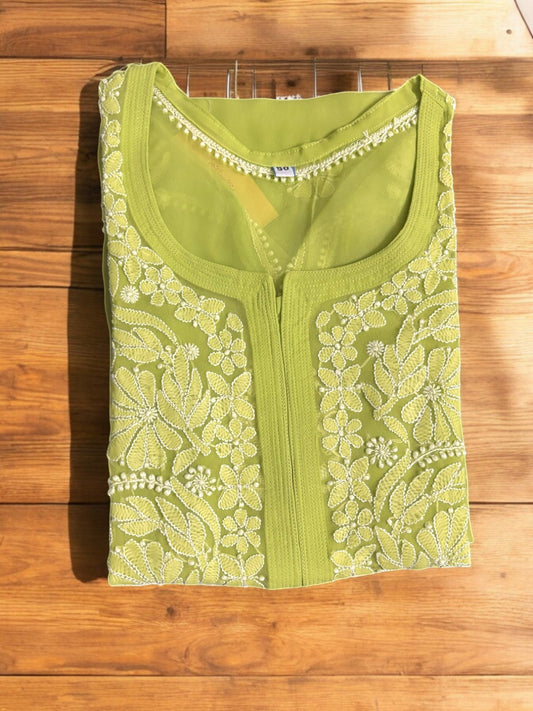 PREMIUM GEORGETTE GREEN CHIKANKARI KURTI