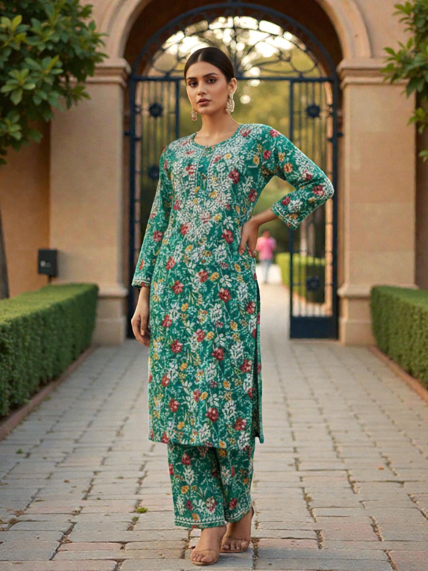 PRINTED MUL COTTON MUSTARD CHIKANKARI KURTA SET