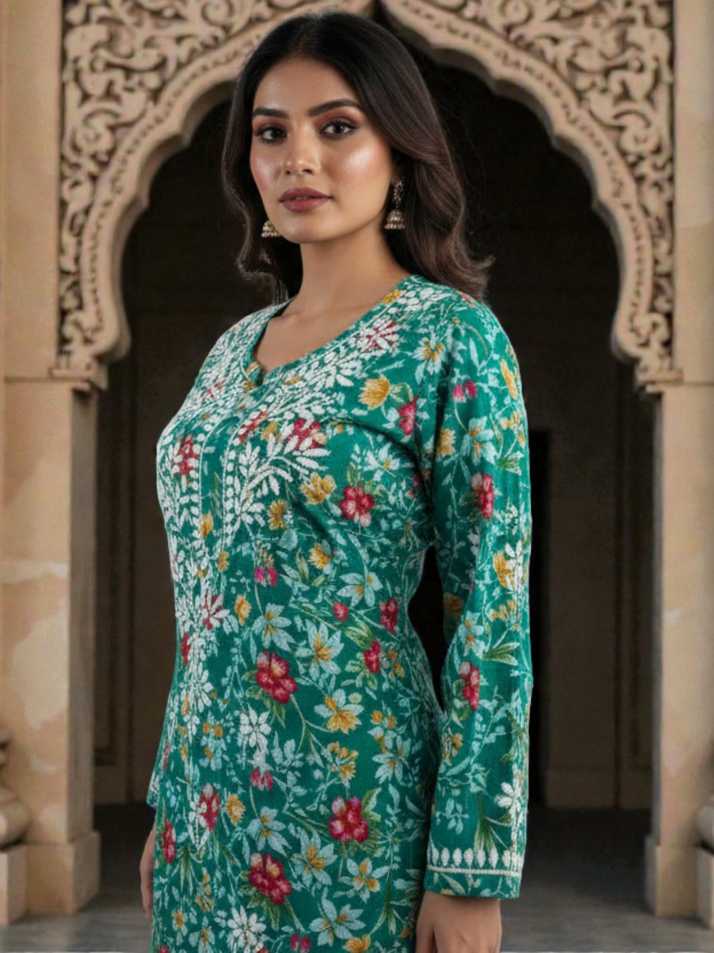 PRINTED MUL COTTON MUSTARD CHIKANKARI KURTA SET