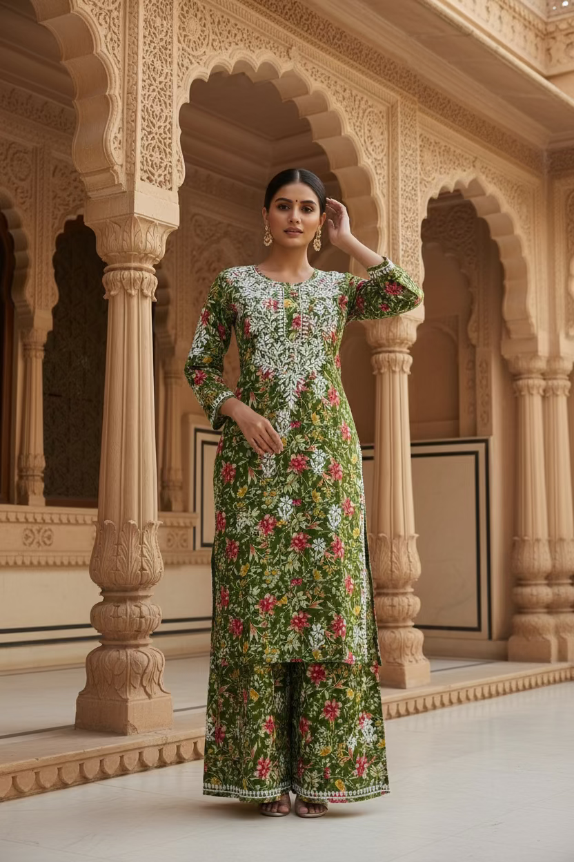 PRINTED MUL COTTON CHIKANKARI SUIT SET | KURTA WITH MATCHING BOTTOM