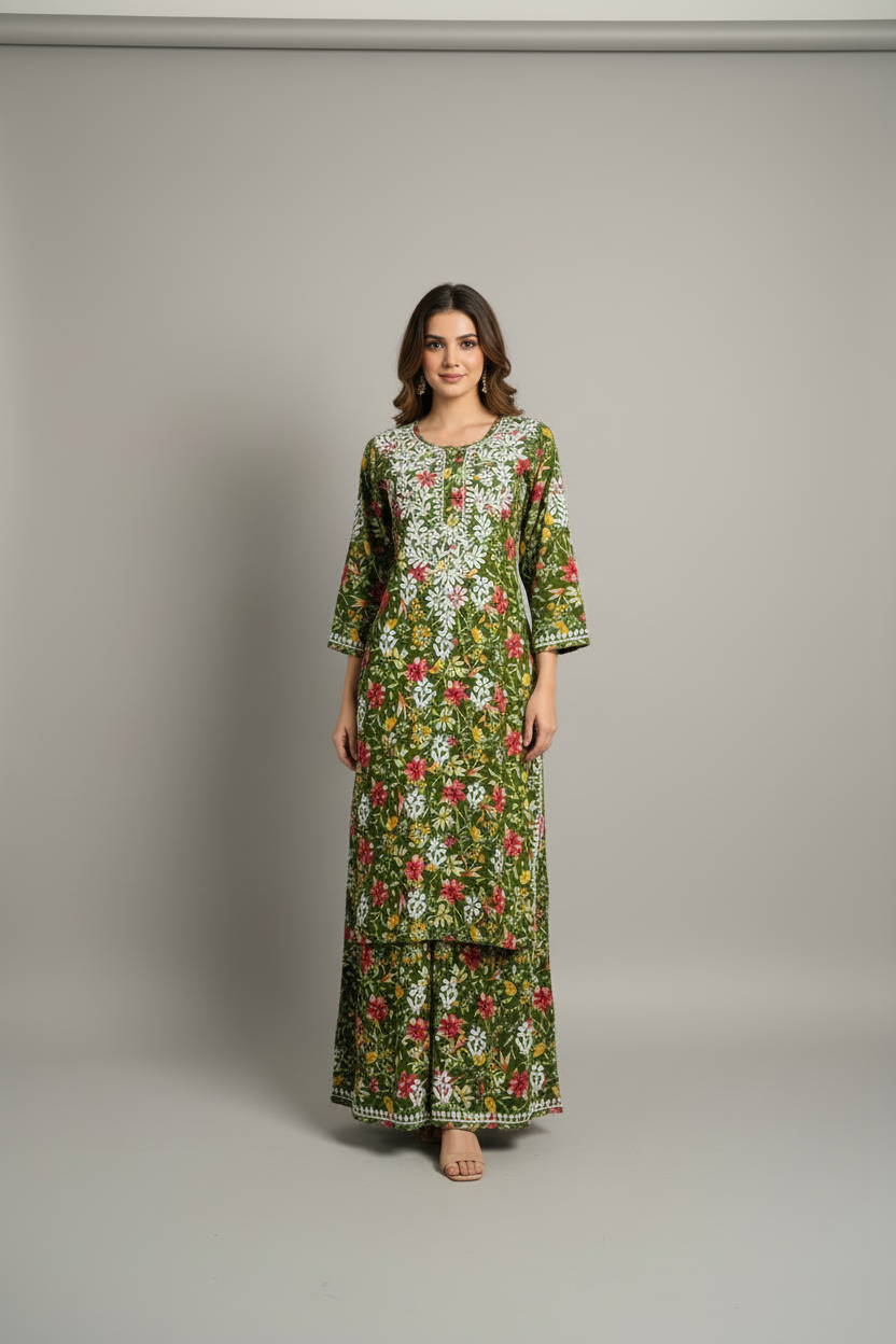 PRINTED MUL COTTON CHIKANKARI SUIT SET | KURTA WITH MATCHING BOTTOM