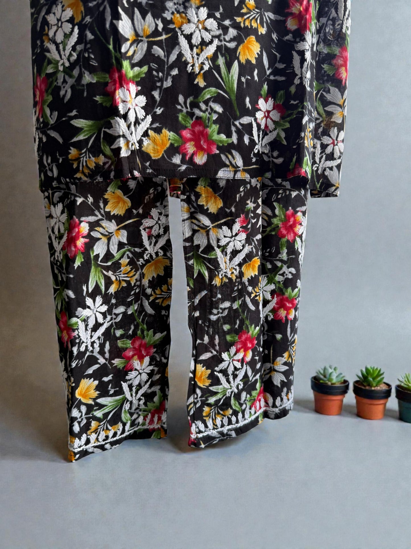 PRINTED MUL COTTON MUSTARD CHIKANKARI KURTA SET