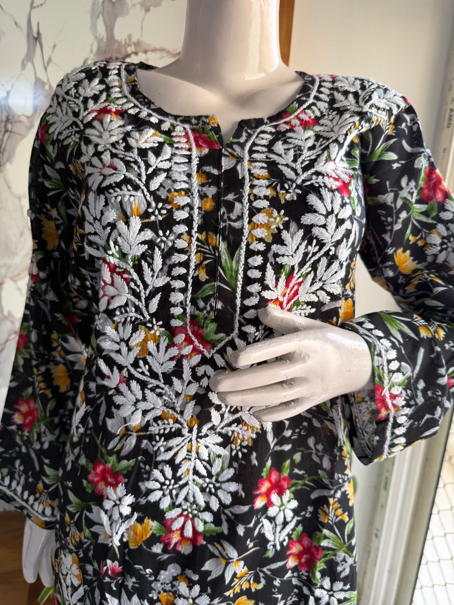 PRINTED MUL COTTON MUSTARD CHIKANKARI KURTA SET