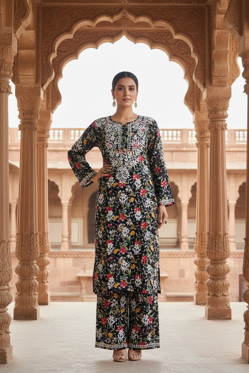 PRINTED MUL COTTON MUSTARD CHIKANKARI KURTA SET
