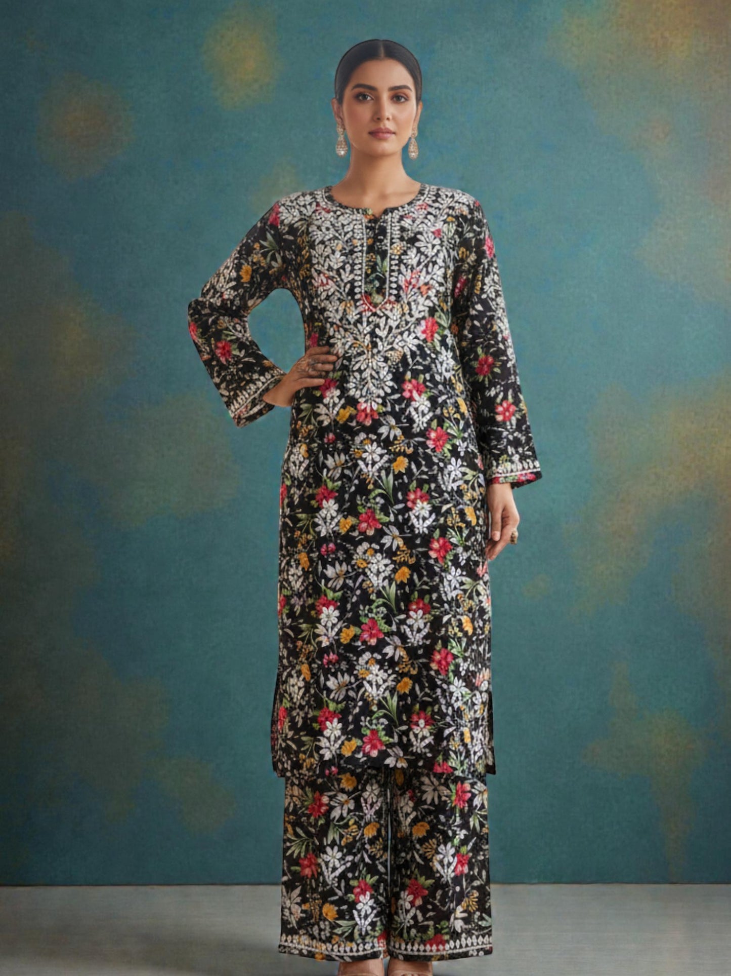 PRINTED MUL COTTON MUSTARD CHIKANKARI KURTA SET