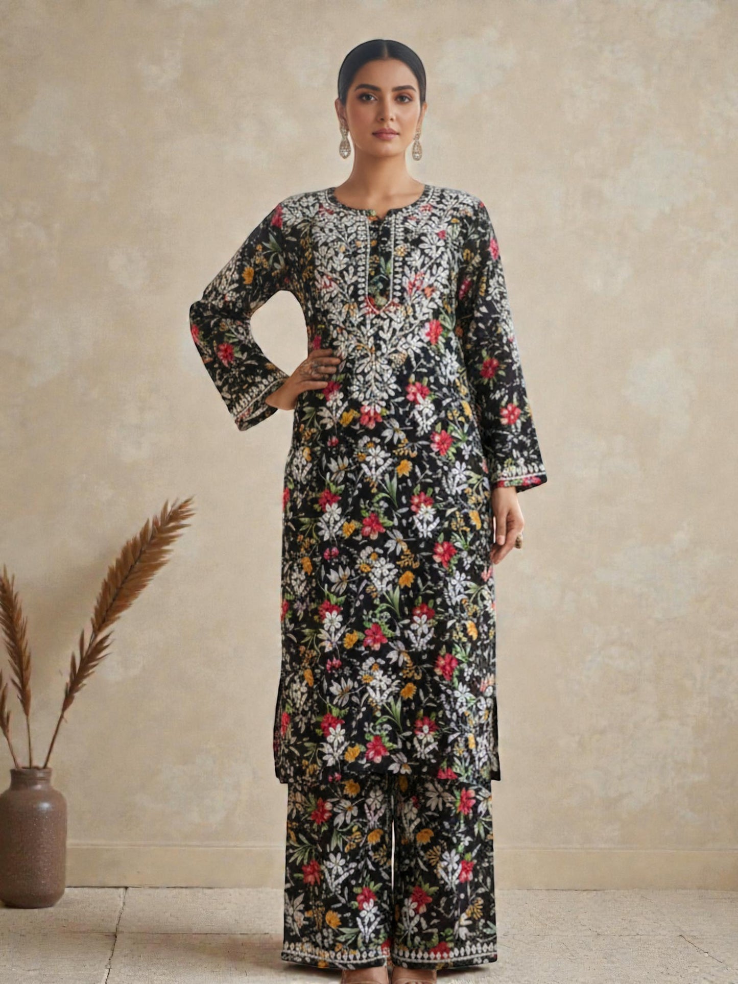 PRINTED MUL COTTON MUSTARD CHIKANKARI KURTA SET