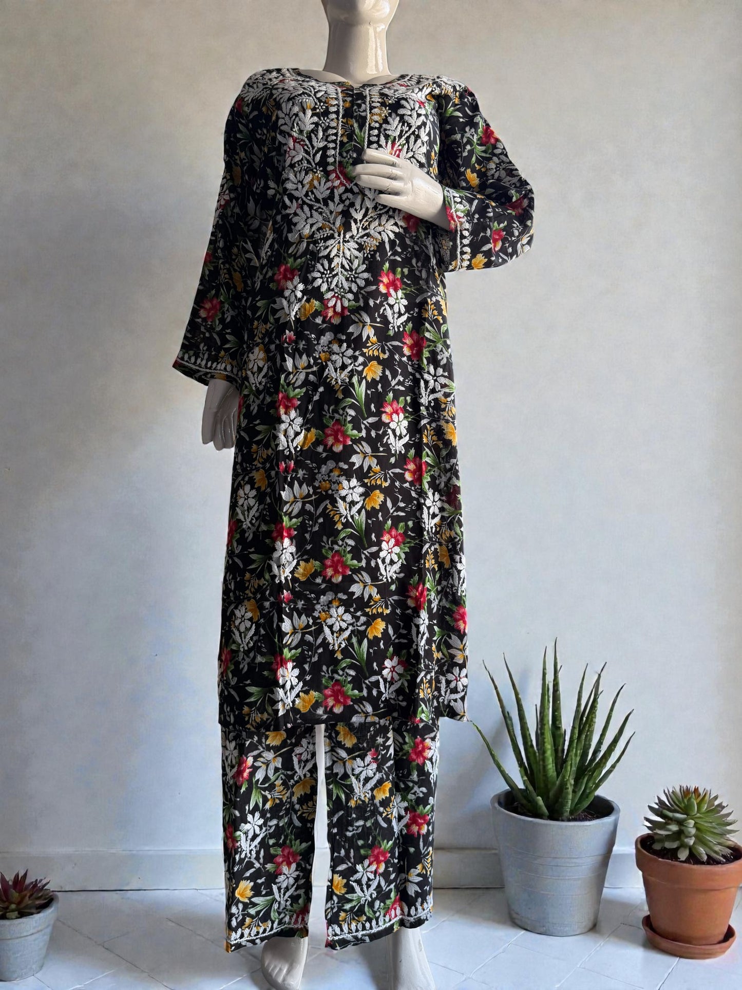 PRINTED MUL COTTON MUSTARD CHIKANKARI KURTA SET