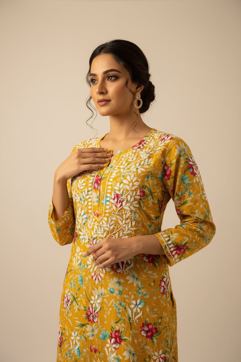 PRINTED MUL COTTON MUSTARD CHIKANKARI KURTA SET