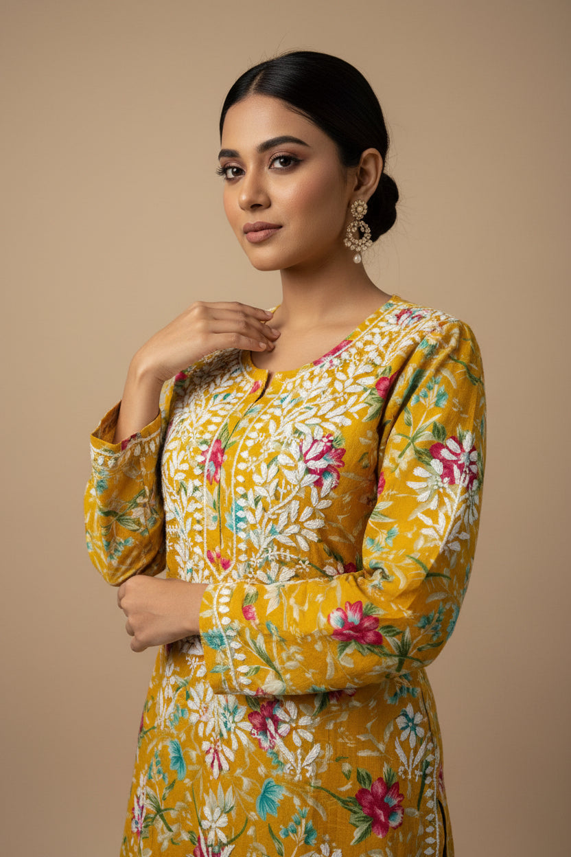 PRINTED MUL COTTON MUSTARD CHIKANKARI KURTA SET