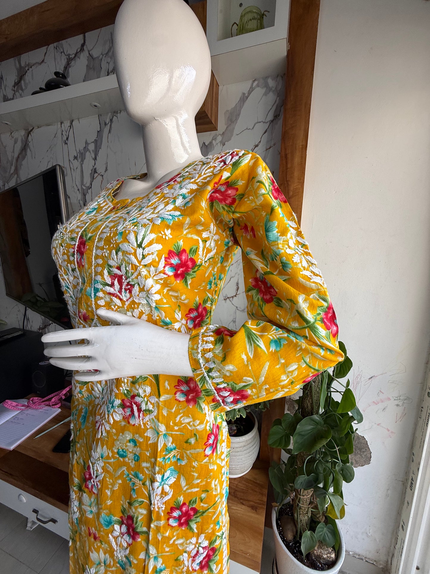 PRINTED MUL COTTON MUSTARD CHIKANKARI KURTA SET