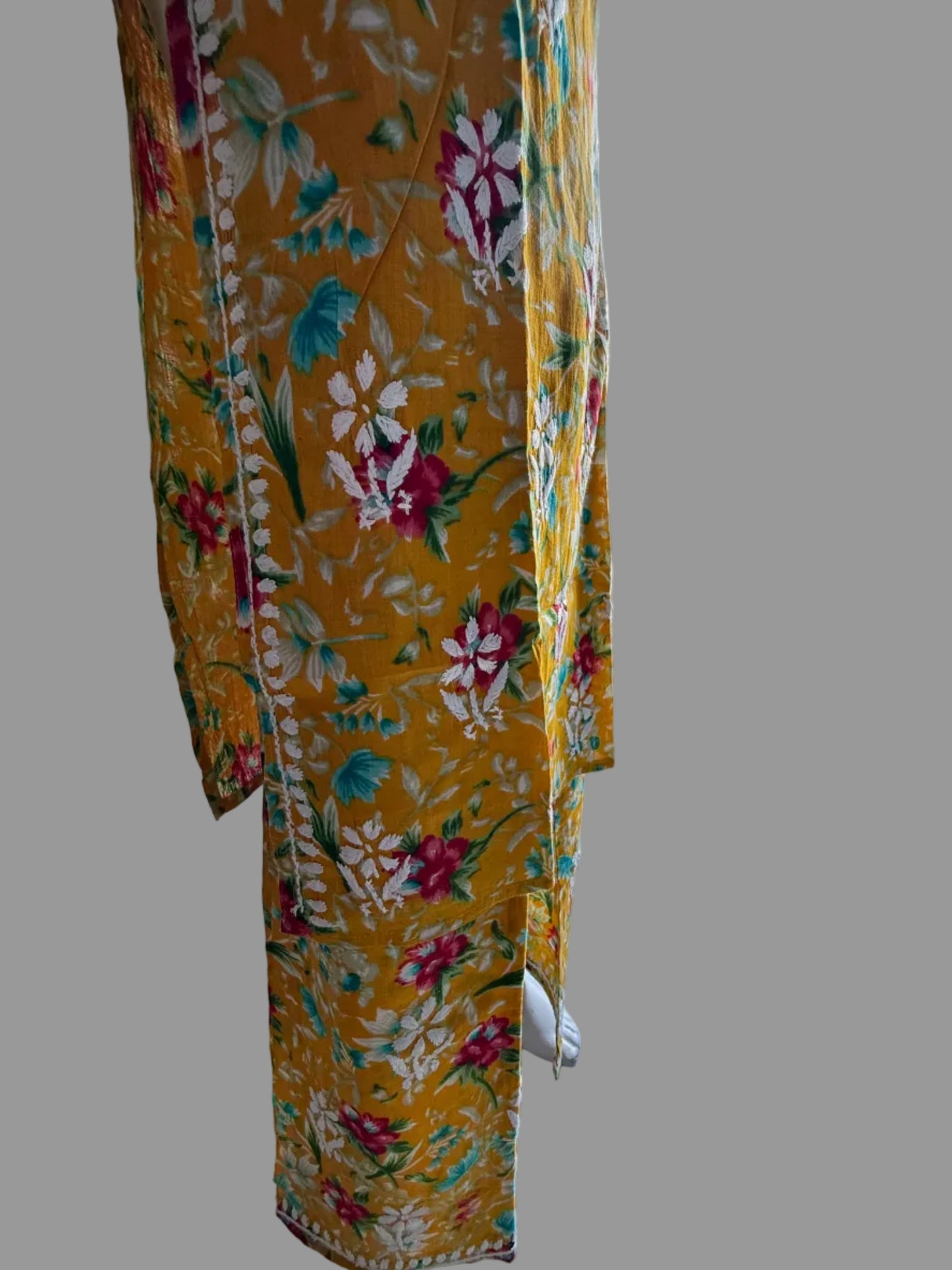 PRINTED MUL COTTON MUSTARD CHIKANKARI KURTA SET