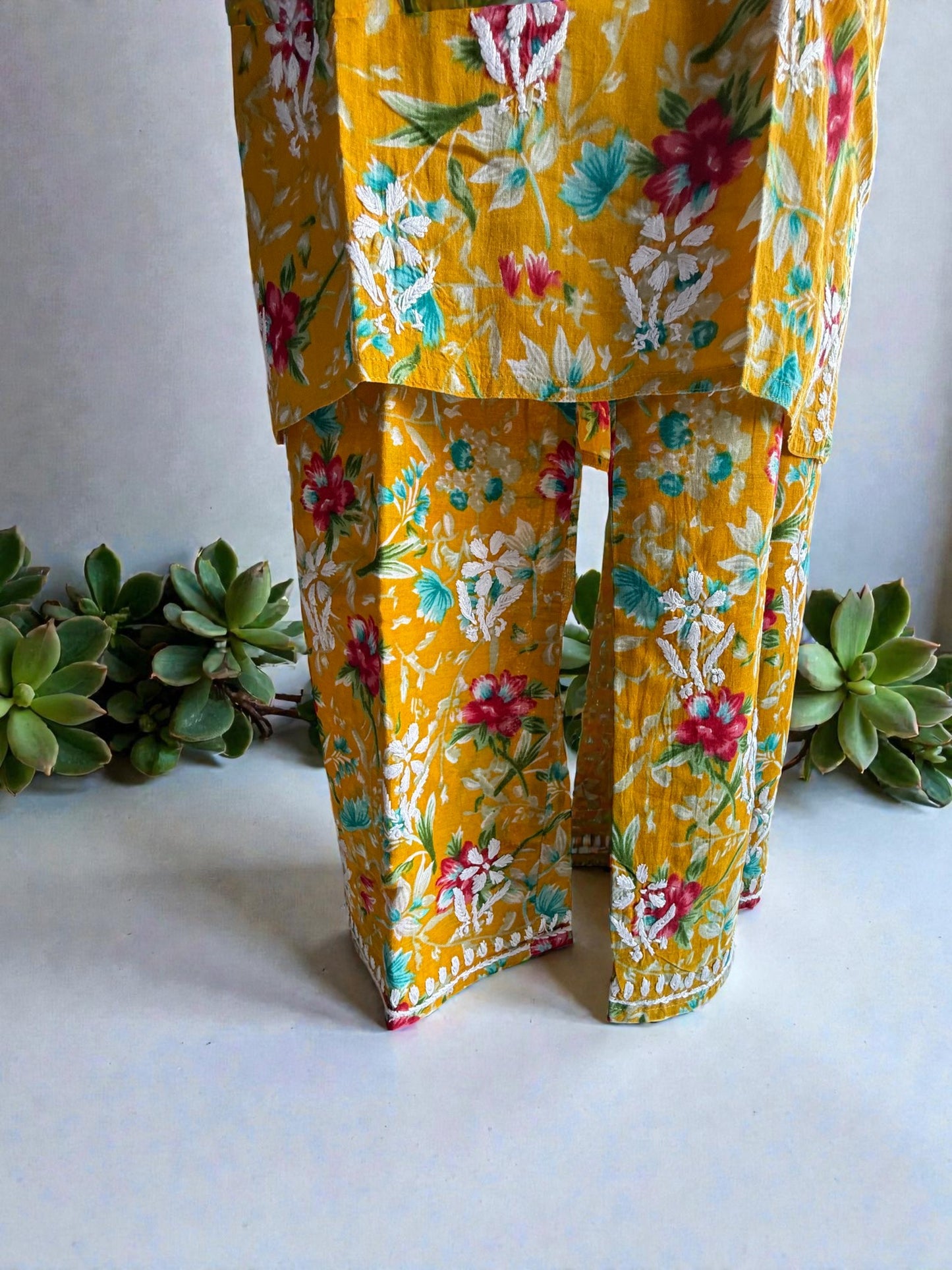 PRINTED MUL COTTON MUSTARD CHIKANKARI KURTA SET
