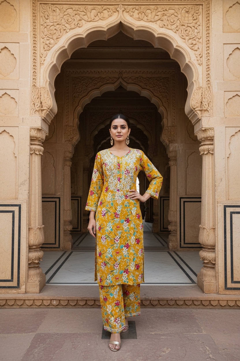 PRINTED MUL COTTON MUSTARD CHIKANKARI KURTA SET