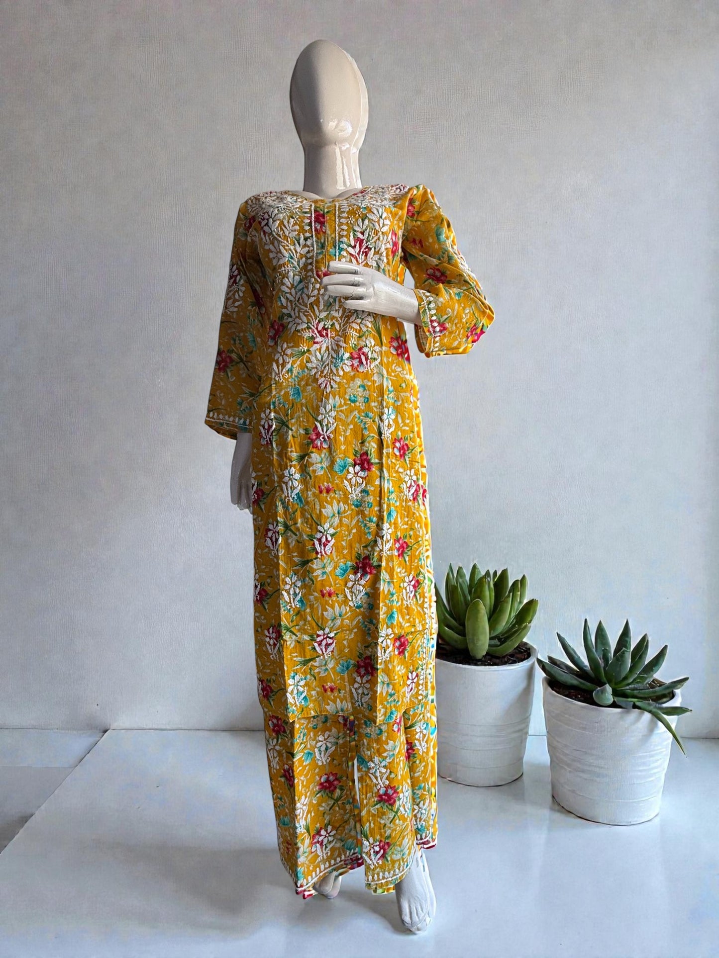 PRINTED MUL COTTON MUSTARD CHIKANKARI KURTA SET