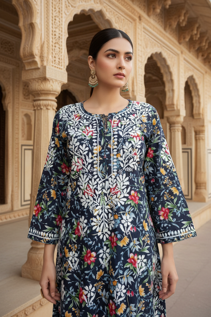 PRINTED MUL COTTON MUSTARD CHIKANKARI KURTA SET