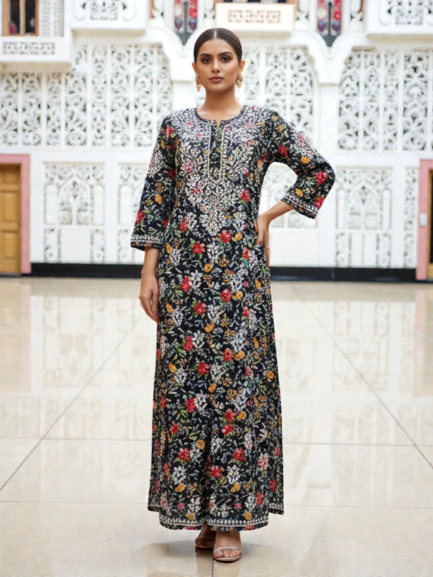 PRINTED MUL COTTON MUSTARD CHIKANKARI KURTA SET