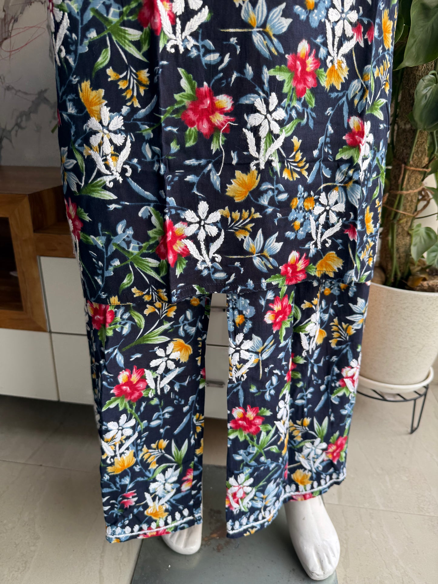 PRINTED MUL COTTON MUSTARD CHIKANKARI KURTA SET