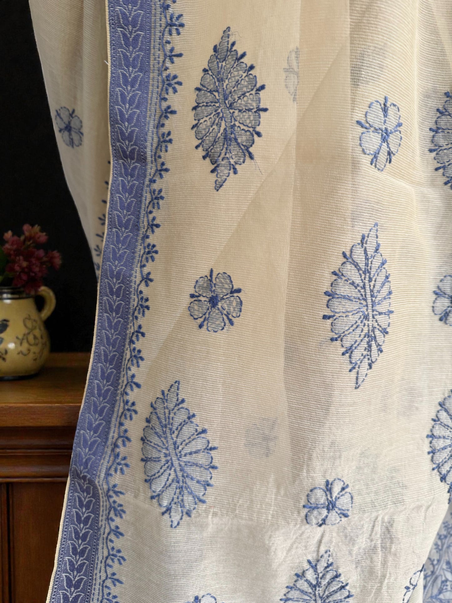 ELEGANT SUPER NET CHIKANKARI SAREE -BLUE