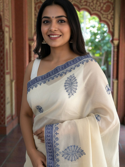 ELEGANT SUPER NET CHIKANKARI SAREE -BLUE
