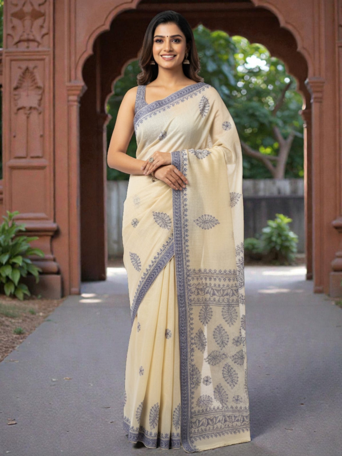 ELEGANT SUPER NET CHIKANKARI SAREE -BLUE
