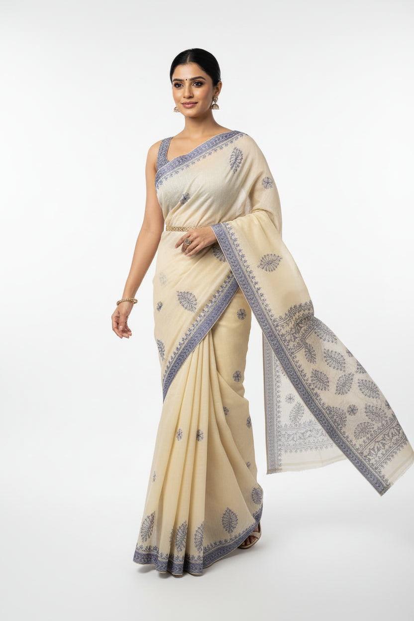 ELEGANT SUPER NET CHIKANKARI SAREE -BLUE