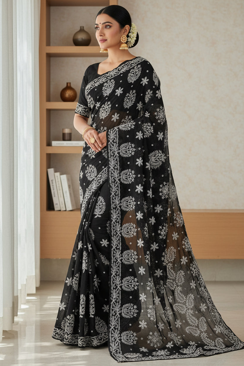 CHIKANKARI GEORGETTE HANDCRAFTED LUCKNOWI  SAREE