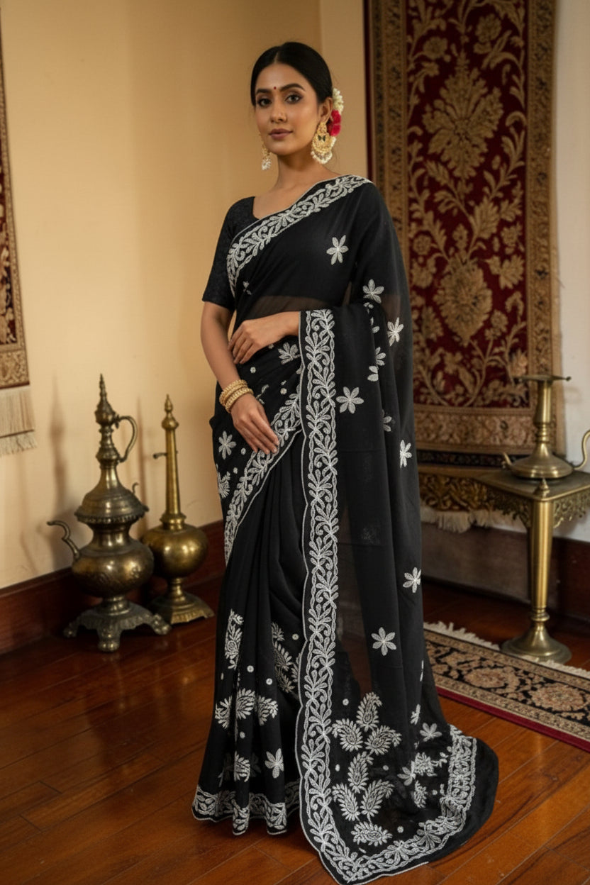 CHIKANKARI GEORGETTE HANDCRAFTED LUCKNOWI  SAREE