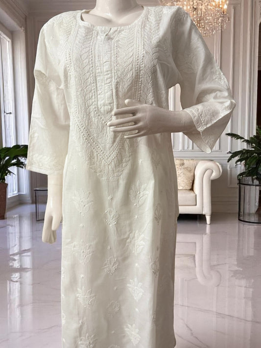 WHITE MUL COTTON CHIKANKARI KURTI WITH BACK STITCH EMBROIDERY
