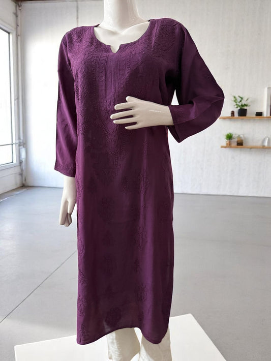 DARK PURPLE  MUSLIN CHIKANKARI KURTI WITH BACK STITCH