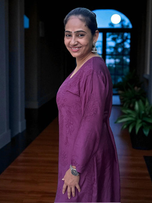 DARK PURPLE  MUSLIN CHIKANKARI KURTI