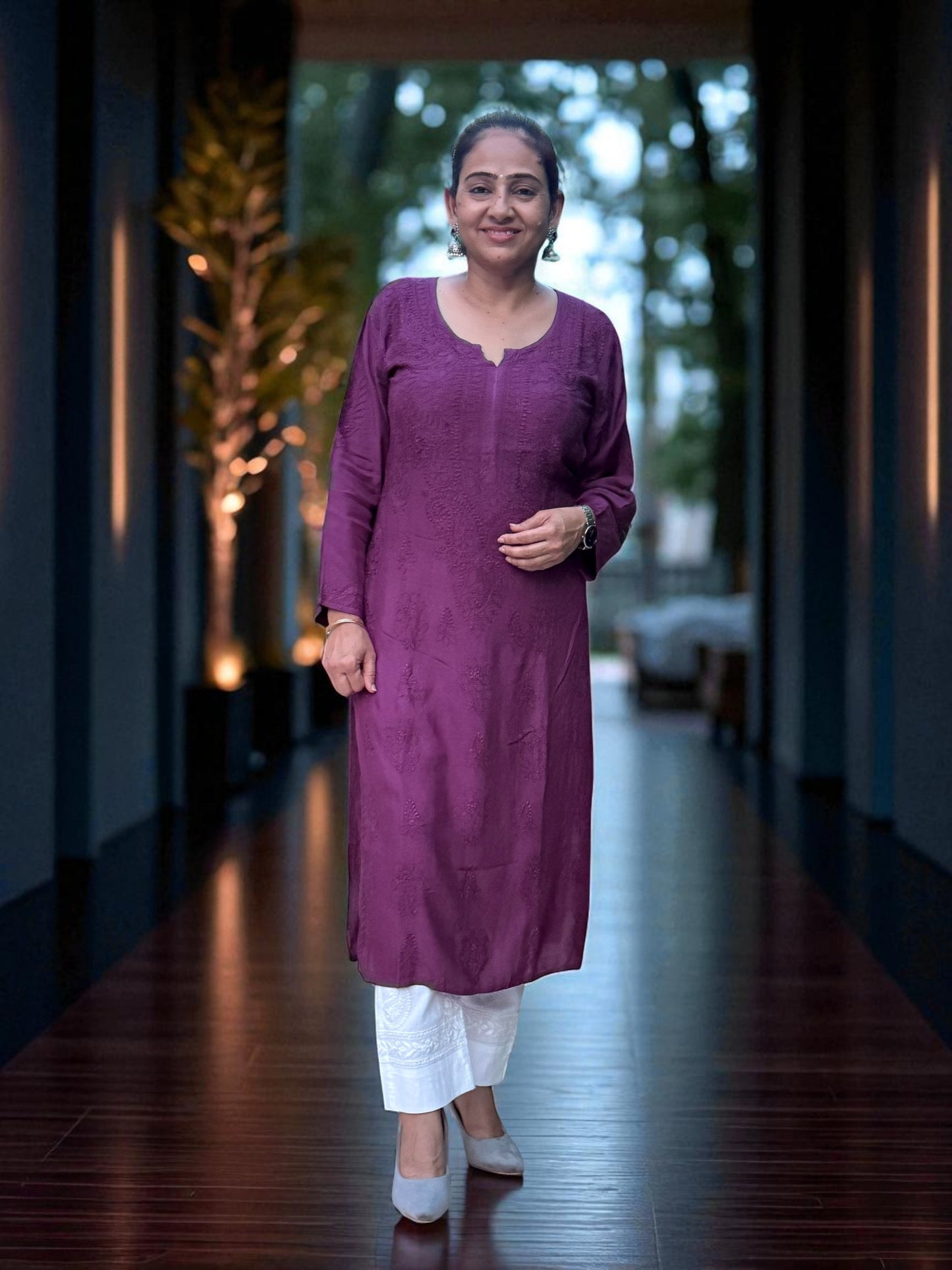 DARK PURPLE  MUSLIN CHIKANKARI KURTI