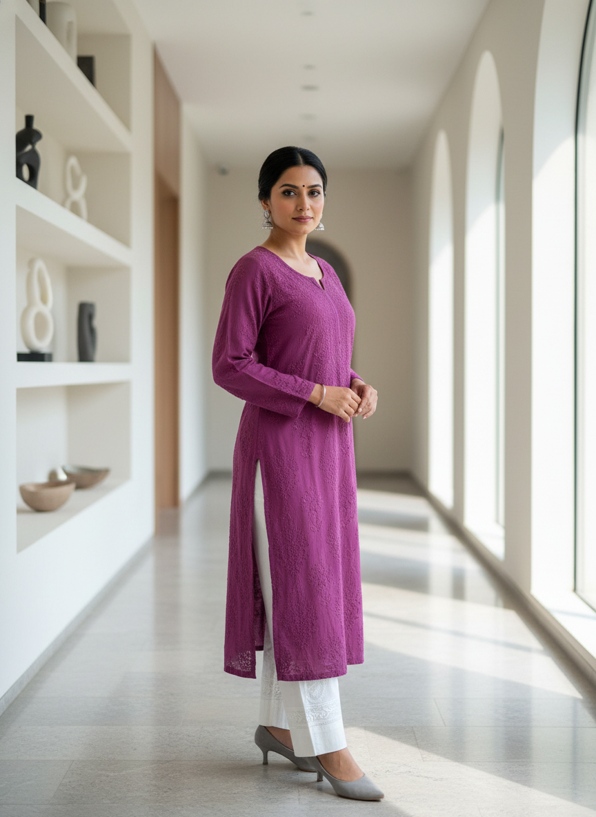MUSLIN CHIKANKARI KURTI- DARK PURPLE