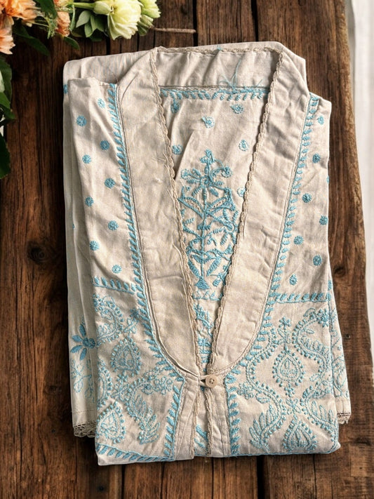 EXCLUSIVE LIGHT GREY COLOR LONG NOORI JACKET WITH HANDCRAFTED CHIKANKARI