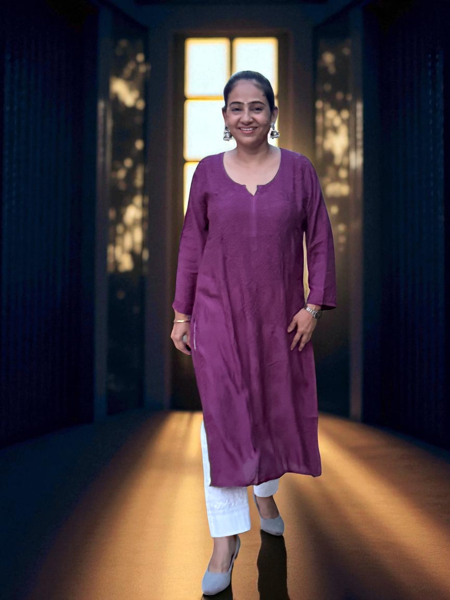DARK PURPLE  MUSLIN CHIKANKARI KURTI