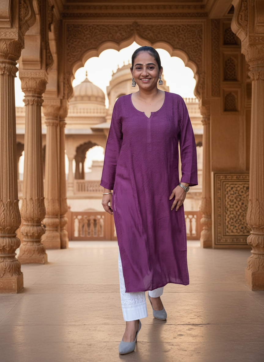 MUSLIN CHIKANKARI KURTI- DARK PURPLE