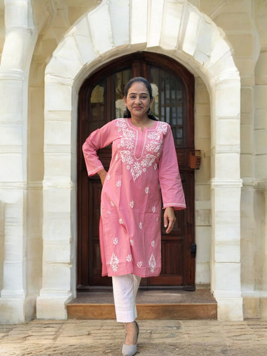 PINK COTTON CHIKANKARI STRAIGHT KURTI