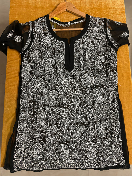 BLACK GEORGETTE SHORT CHIKANKARI KURTI