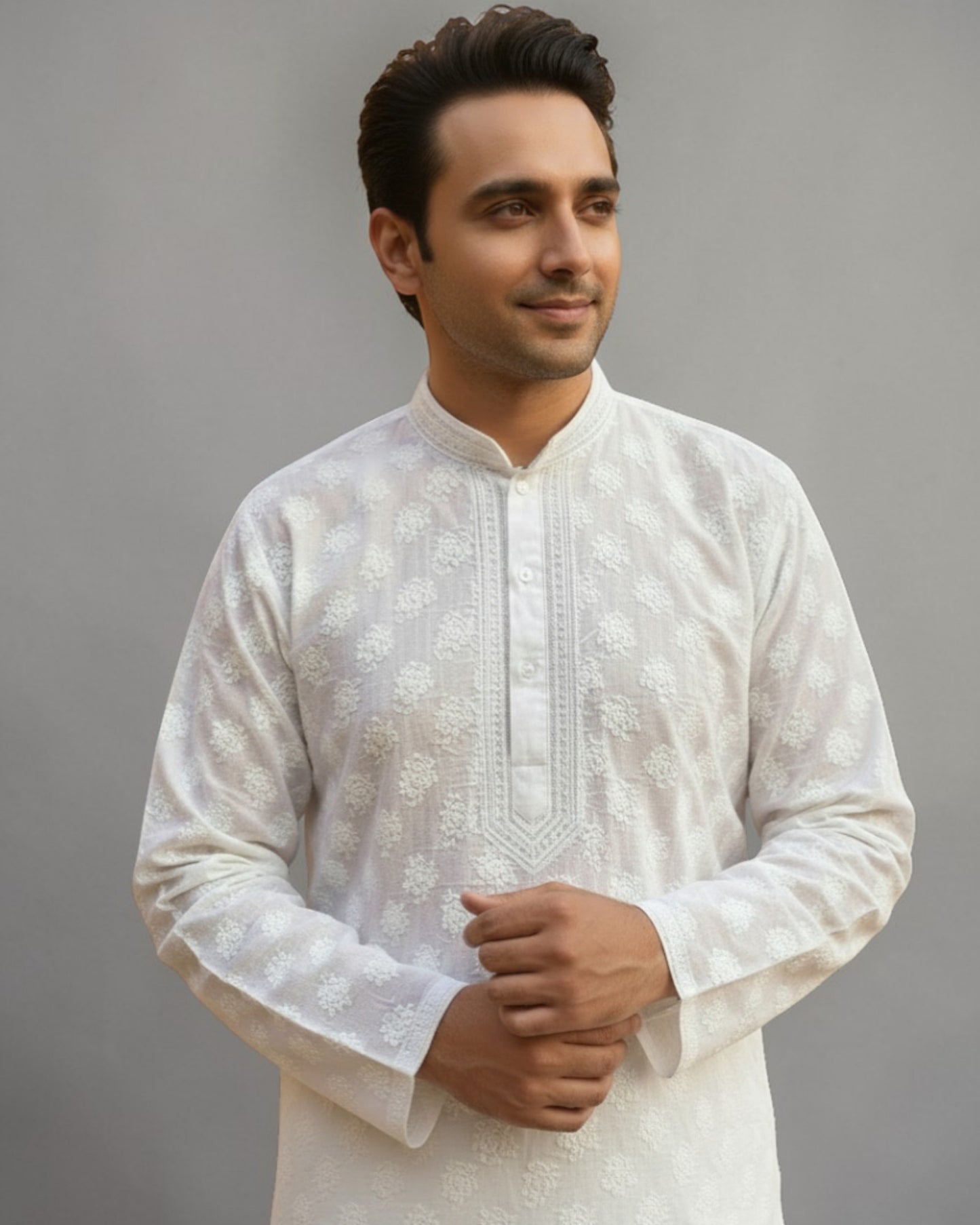 MEN’S PREMIUM WHITE CHIKANKARI KURTA